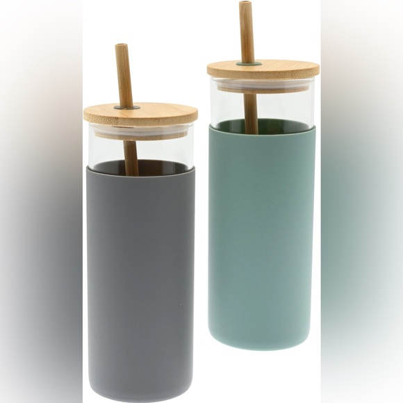 Glass Tumbler Set 16 Oz Sage & Gray Bamboo Lids With Straws Silicone Sleeves - Picture 3 of 8